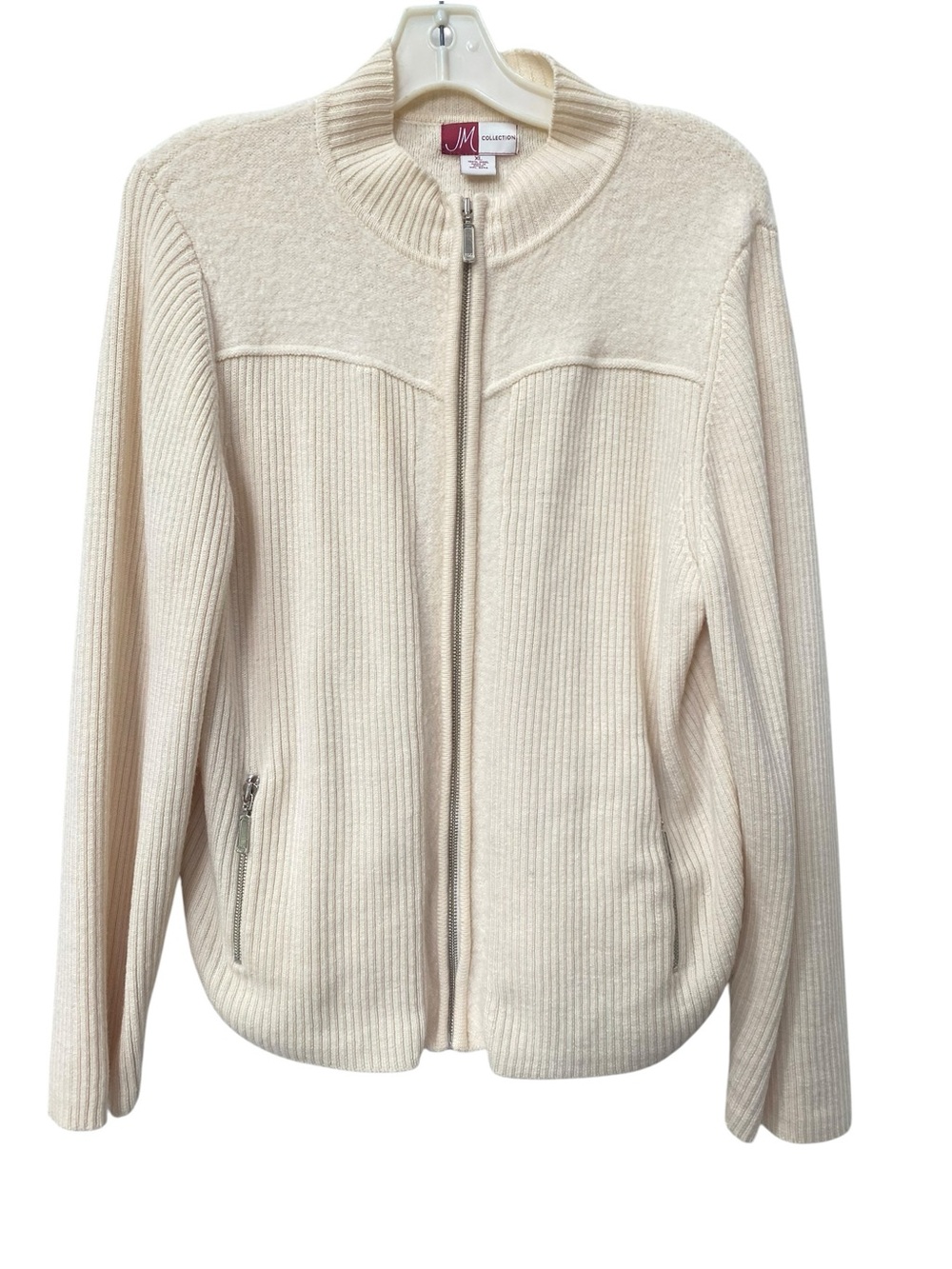 JM Collection Cream 100% Wool Ivory Zip-Front Knit Cardigan Sweater XL